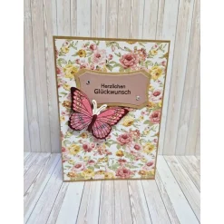 Karte Herzlichen Glückwunsch Schmetterling Blumen – Handgemachte Geburtstagskarte 14,7 x 10,3 cm