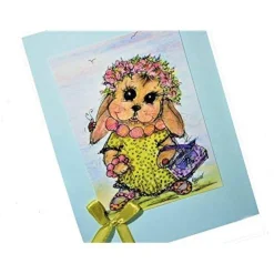 Karte Ostern retro Hase Mädchen im Blütenkranz süß als Druck handgemachte Klappkarte hellblau mit Schleifchen grün