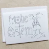 Karte zum Ausmalen, FROHE OSTERN und Hase in Latzhose, schwarz-weiß, Klappkarte DinA 6, mit Umschlag.