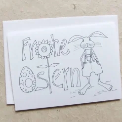 Karte zum Ausmalen, FROHE OSTERN und Hase in Latzhose, schwarz-weiß, Klappkarte DinA 6, mit Umschlag.