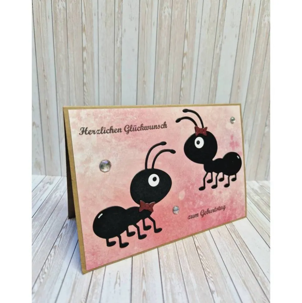 Karte zum Geburtstag mit Ameisen – handgemacht, 14,7 x 10,3 cm, Kraftpapier, Umschlag & Einlegeblatt