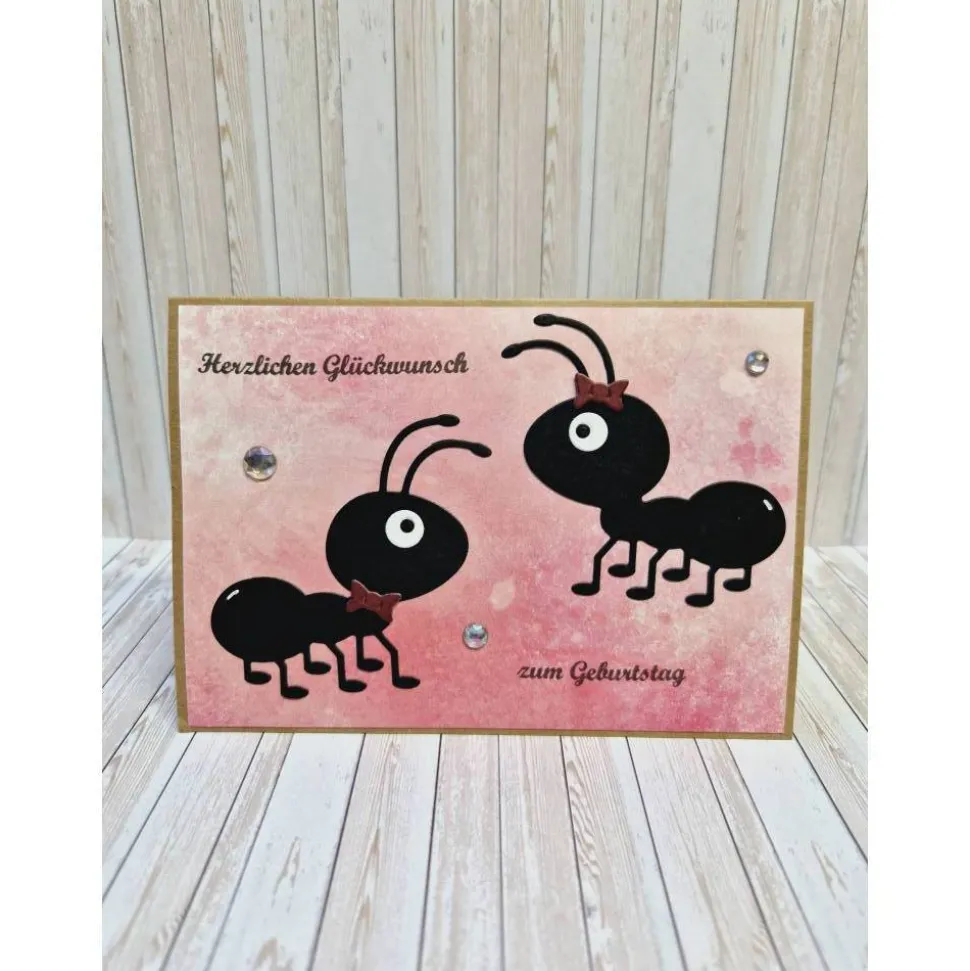 Karte zum Geburtstag mit Ameisen – handgemacht, 14,7 x 10,3 cm, Kraftpapier, Umschlag & Einlegeblatt