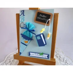 Karte zur Einschulung, Schulanfang, erster Schultag, ABC Karte in hellblau für einen Jungen