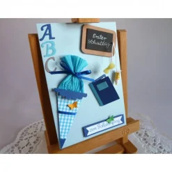 Karte zur Einschulung, Schulanfang, erster Schultag, ABC Karte in hellblau für einen Jungen