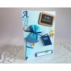 Karte zur Einschulung, Schulanfang, erster Schultag, ABC Karte in hellblau für einen Jungen