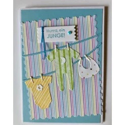 Karte zur Geburt, Babykarte, Glückwunschkarte, Baby ... Handmade Bunt mit Wäscheleine , Handarbeit
