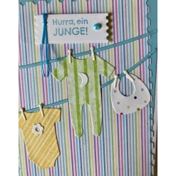 Karte zur Geburt, Babykarte, Glückwunschkarte, Baby ... Handmade Bunt mit Wäscheleine , Handarbeit