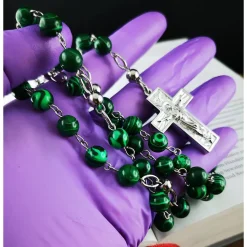 katholischer Rosenkranz, Malachitperlen und Edelstahl