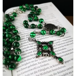 katholischer Rosenkranz, Malachitperlen und Edelstahl