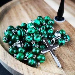 katholischer Rosenkranz, Malachitperlen und Edelstahl