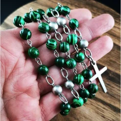 katholischer Rosenkranz, Malachitperlen und Edelstahl