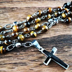 katholischer Rosenkranz, Tigeraugeperlen und Edelstahl