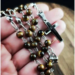 katholischer Rosenkranz, Tigeraugeperlen und Edelstahl