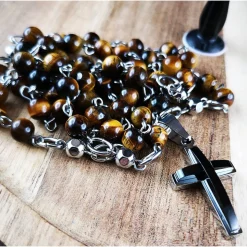 katholischer Rosenkranz, Tigeraugeperlen und Edelstahl