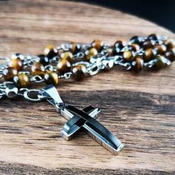 katholischer Rosenkranz, Tigeraugeperlen und Edelstahl