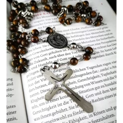 katholischer Rosenkranz, Tigeraugeperlen und Edelstahl