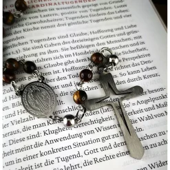 katholischer Rosenkranz, Tigeraugeperlen und Edelstahl