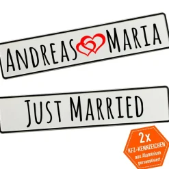 Kennzeichen für die Ewigkeit: Personalisierte Aluminium Kennzeichen für Brautpaare! Vilee Farben und Motive möglich