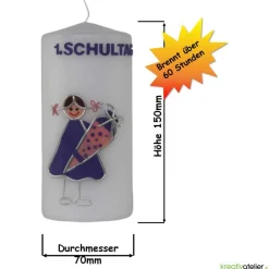 Kerze Einschulung Mädchen personalisierbar mit i-Dötzchen und Schultüte, Einschulungskerze, Kerze erster Schultag