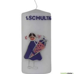 Kerze Einschulung Mädchen personalisierbar mit i-Dötzchen und Schultüte, Einschulungskerze, Kerze erster Schultag