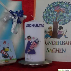 Kerze Einschulung Mädchen personalisierbar mit i-Dötzchen und Schultüte, Einschulungskerze, Kerze erster Schultag