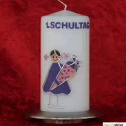 Kerze Einschulung Mädchen personalisierbar mit i-Dötzchen und Schultüte, Einschulungskerze, Kerze erster Schultag