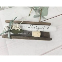 Kerze mit Reagenzglas Wunscherfüller - Stabkerze mit Spruch -Alles liebe zur Hochzeit- Dekoriert mit Holz - Hochzeitsges