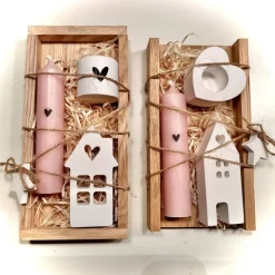 Kerzengeschenk im Set mit Kerze, Halter, Lichthaus in einem Tablett aus Eichenholz zum Aufstellen