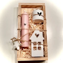 Kerzengeschenk im Set mit Kerze, Halter, Lichthaus in einem Tablett aus Eichenholz zum Aufstellen