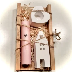 Kerzengeschenk im Set mit Kerze, Halter, Lichthaus in einem Tablett aus Eichenholz zum Aufstellen