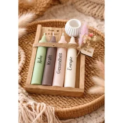 Kerzenset handgegossene Kerzen mit Holzhalter – Geschenk für Ruhe, Kraft, Gesundheit & Energie