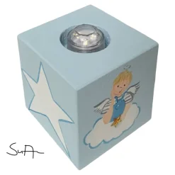 Kerzenwürfel/Teelichtwürfel aus Holz Schutzengel hellblau