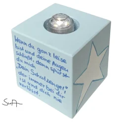 Kerzenwürfel/Teelichtwürfel aus Holz Schutzengel hellblau