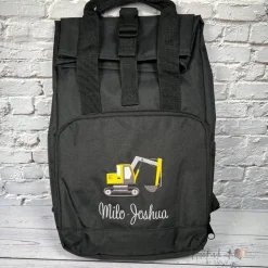 Kinder Rolltop Rucksack mit Bagger & Namen bestickt I personalisierte Kita-Tasche I Kindergartentasche für Jungen