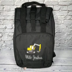 Kinder Rolltop Rucksack mit Bagger & Namen bestickt I personalisierte Kita-Tasche I Kindergartentasche für Jungen
