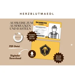 Kinderausweis Bauarbeiter für Kindergeburtstag Baustellenparty - Tolles Accessoire für kleine Bauarbeiter - Bastelvorlag