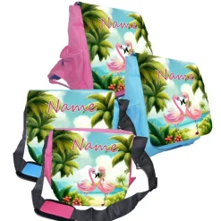 Kindergarten Rucksack oder Tasche Motiv Flamingo mit Name / personalisierbar / Blau / Rosa