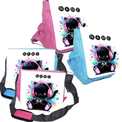 Kindergarten Rucksack oder Tasche Motiv Zocker-Mieze mit Name / Personalisierbar / Blau / Rosa