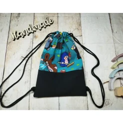 Kindergarten Turnbeutel Maulwurf Pauli petrol– Softshell, 3 Größen, personalisierbar