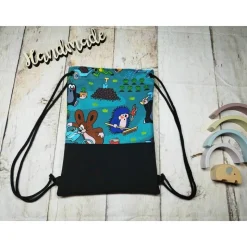 Kindergarten Turnbeutel Maulwurf Pauli petrol– Softshell, 3 Größen, personalisierbar