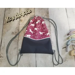 Kindergarten Turnbeutel Pferde Reflektor flieder– Softshell, 3 Größen, personalisierbar