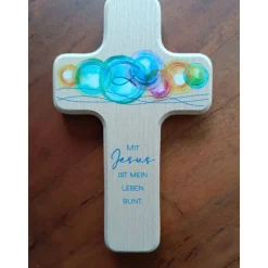 Kinderholzkreuz, Kreuz Holz, Taufe Geschenke -  mit Jesus ist mein Leben bunt