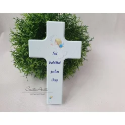 Kinderkreuz aus Holz zur Taufe "Sei behütet..." in Blau
