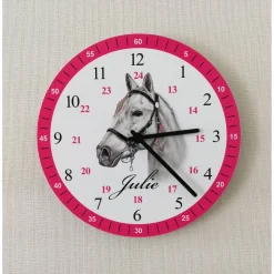 Kinderwanduhr Pferd Lernuhr Wanduhr mit Namen Pink Kinderzimmer Uhr