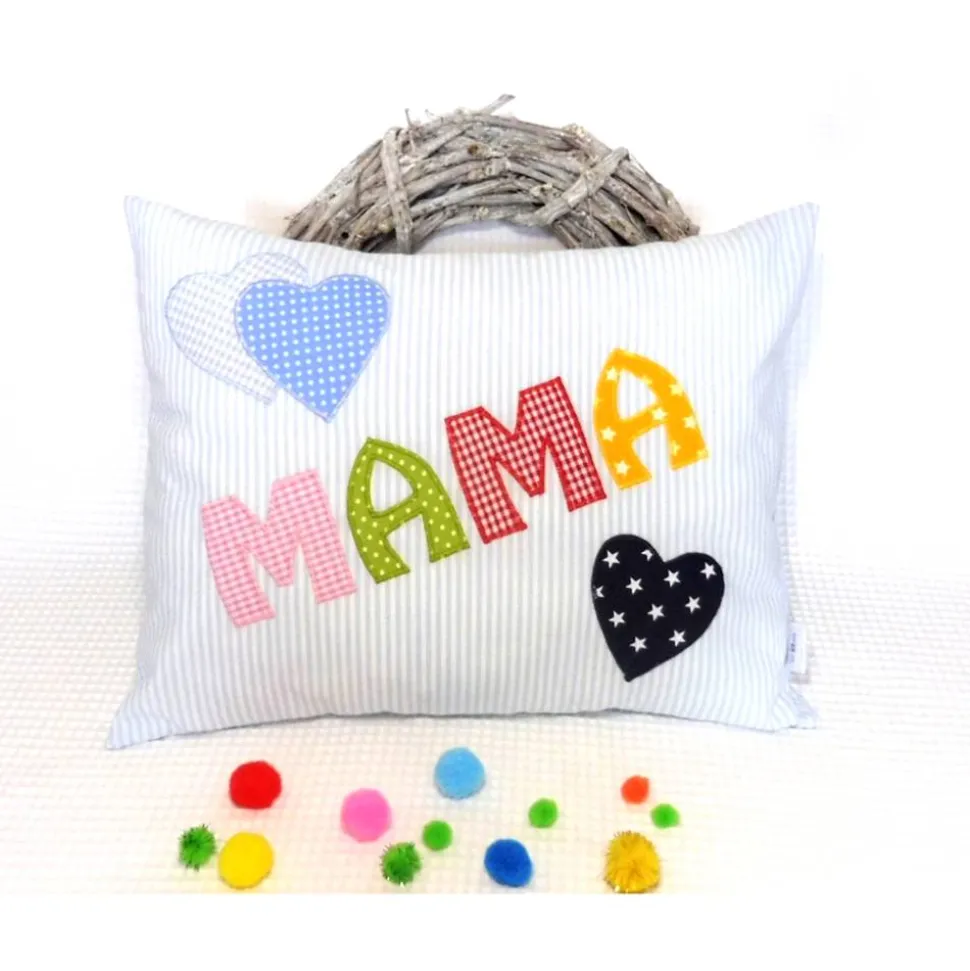Kissen für Mama, Geburtstagsgeschenk, blaues Mamakissen mit Herzen, auch für Papa, Farbwünsche möglich, personalisierbar