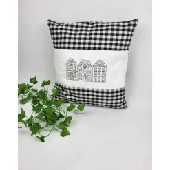 Kissen kariert, Holland Häuser Kissen, Dekokissen, Weihnachten, Motivkissen, mit Stickerei 40x40 cm,