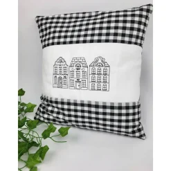 Kissen kariert, Holland Häuser Kissen, Dekokissen, Weihnachten, Motivkissen, mit Stickerei 40x40 cm,