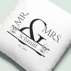 Kissenbezug 40x40 cm – personalisierbar mit Name & Datum, Hochzeitskissen Mr & Mrs., Geschenkidee für Paare