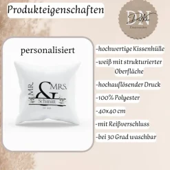 Kissenbezug 40x40 cm – personalisierbar mit Name & Datum, Hochzeitskissen Mr & Mrs., Geschenkidee für Paare
