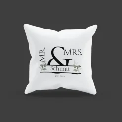 Kissenbezug 40x40 cm – personalisierbar mit Name & Datum, Hochzeitskissen Mr & Mrs., Geschenkidee für Paare